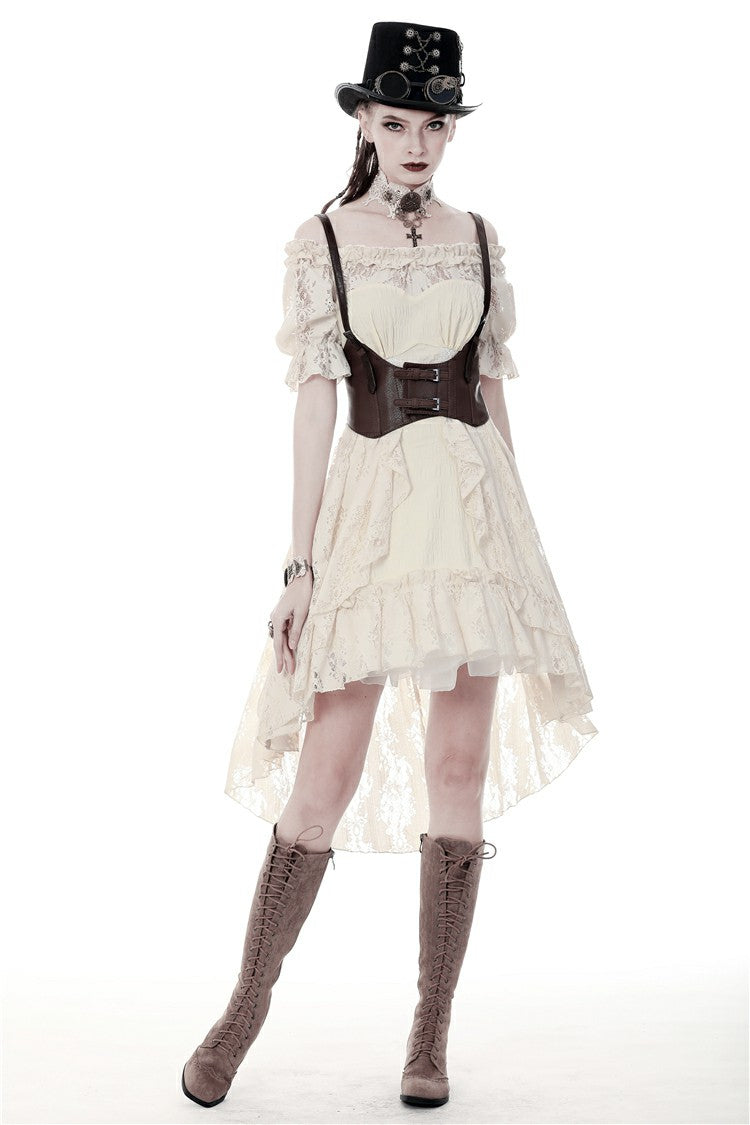 Beige Ruffled Off Shoulder Short Sleeves Ruched Women's Steampunk Vintage Gorgeous Graduation Dress