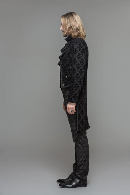 Black Gothic Floral Patterned Flocking Short Front And Long Back Open Mens Coat