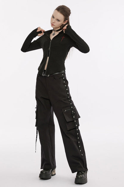 Black Cross Sword Embroidery Slim Metal Zipper Women's Punk Jacket