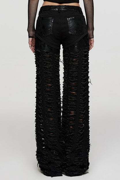 Black Embossed Stitching Mesh Ripped Women's Steampunk Straight Pants