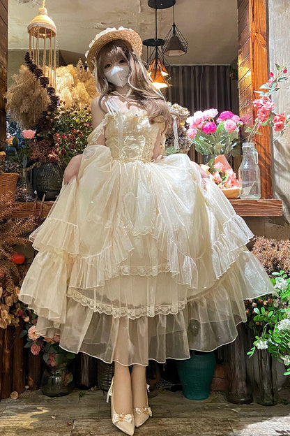 Apricot [Moonlight Sonata] Ruffle Cardigan Bowknot Lace Sweet Vintage Lolita Jsk Dress