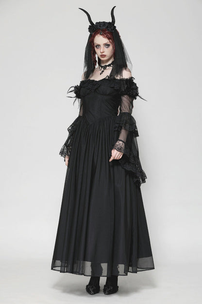 Black Off Shoulder Boat Neck Multi-Layered Long Trumpet Sleeves Lace Spliced Tulle Lace-Up Women's Gothic Fantasy Dress