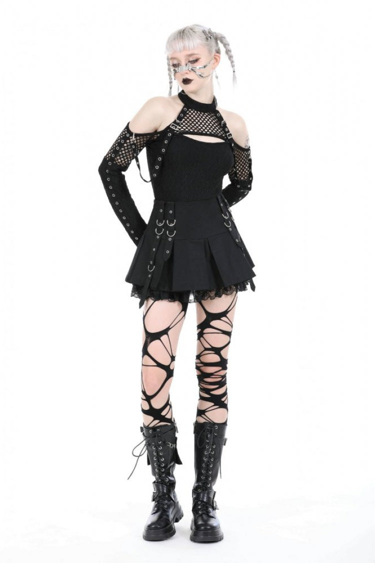 Black Off Shoulder Long Sleeves Cut-Out Spliced Mesh Women's Punk Top