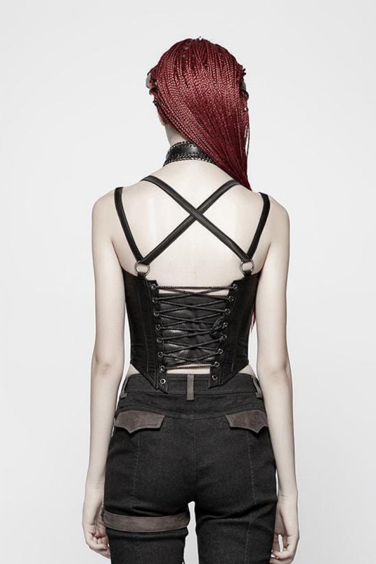 Black Faux Leather Strap Back Print Lace-Up Womens Steampunk Short Corset
