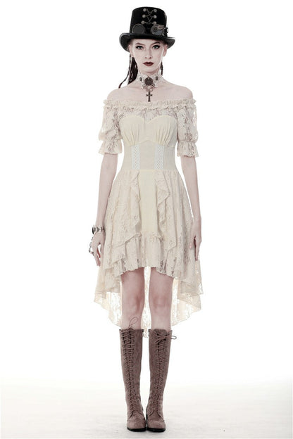 Beige Ruffled Off Shoulder Short Sleeves Ruched Women's Steampunk Vintage Gorgeous Graduation Dress