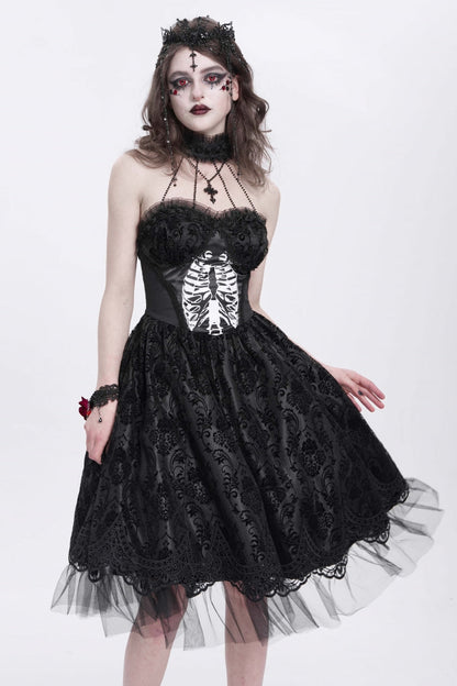 Black Halterneck Skeleton Print Embroidery Stitching Lace Women's Gothic Dress