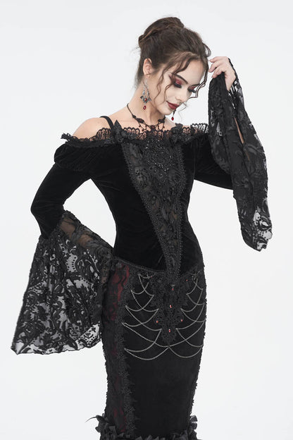 Black Off Shoulder Trumpet Sleeves Embroidery Lace Women's Gothic Blouse