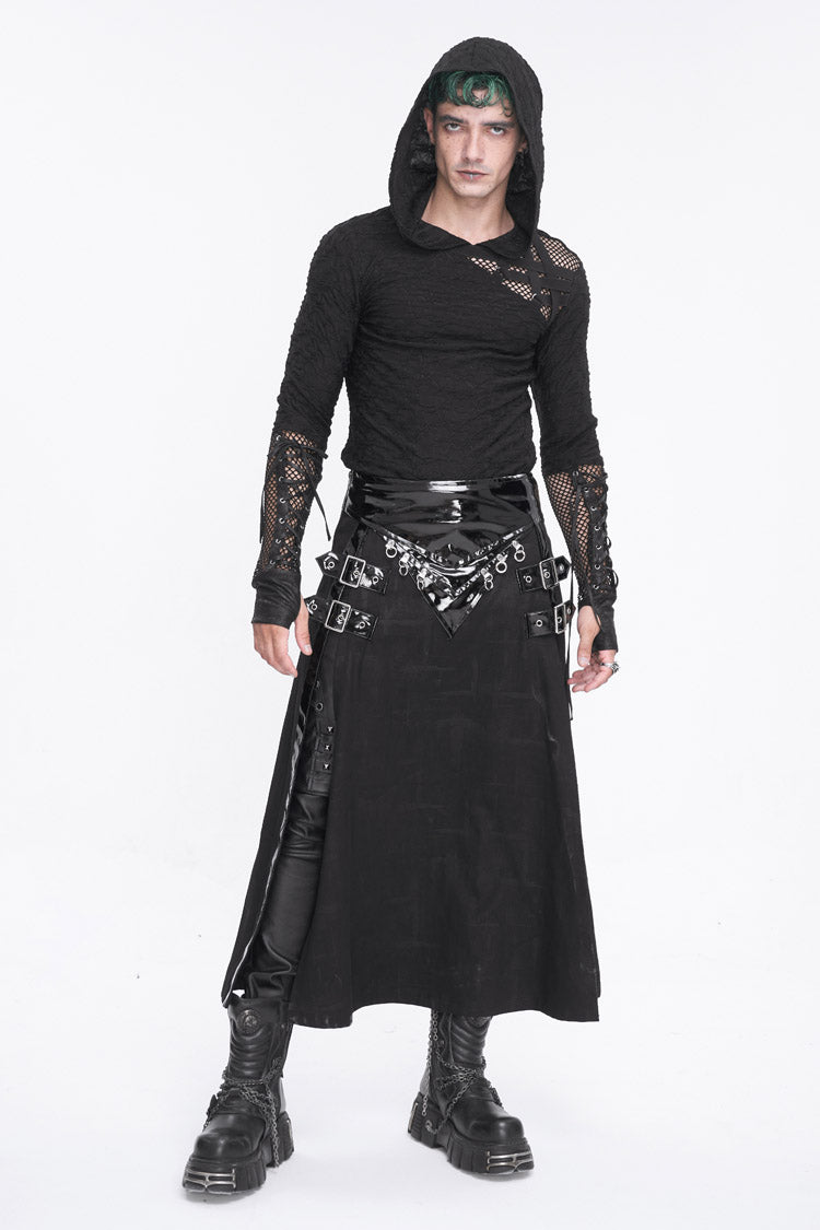 Black Patent Leather Splice Split Men's Punk Skirt