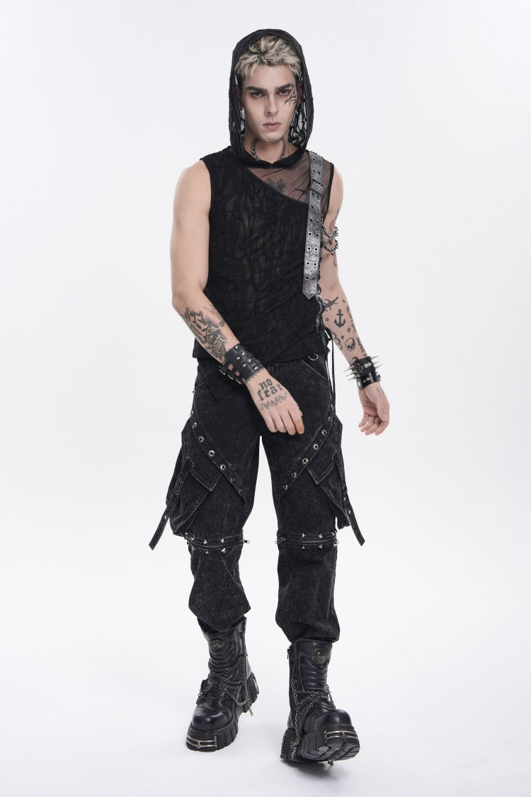 Black Hooded Sheer Asymmetric Chain-Decorated Men's Punk Hooded Vest