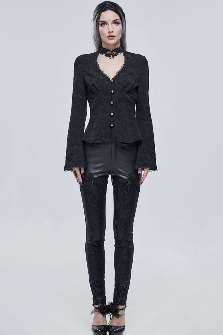 Black Gothic Metal Rose Button Leather Lace Panel Slim Fit Women's Long Pants