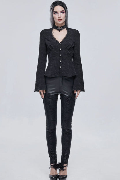 Black Gothic Metal Rose Button Leather Lace Panel Slim Fit Women's Long Pants