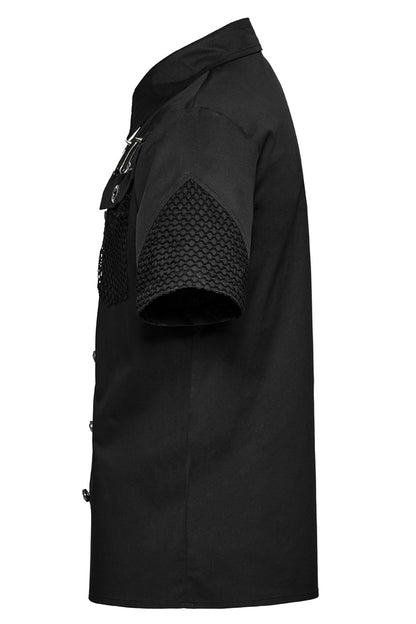 Black Lapel Collar Short Sleeves Mesh Stitching Men's Punk Blouse