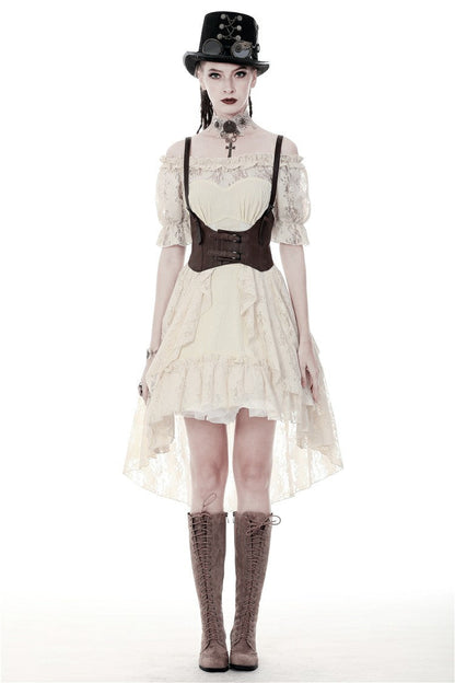 Beige Ruffled Off Shoulder Short Sleeves Ruched Women's Steampunk Vintage Gorgeous Graduation Dress