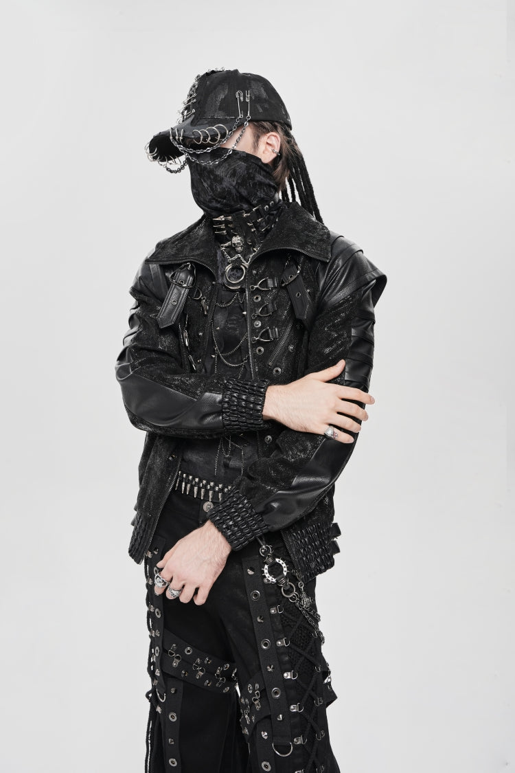 Black Faux Leather Stitching Buckle Zipper Straps Men's Punk Coat