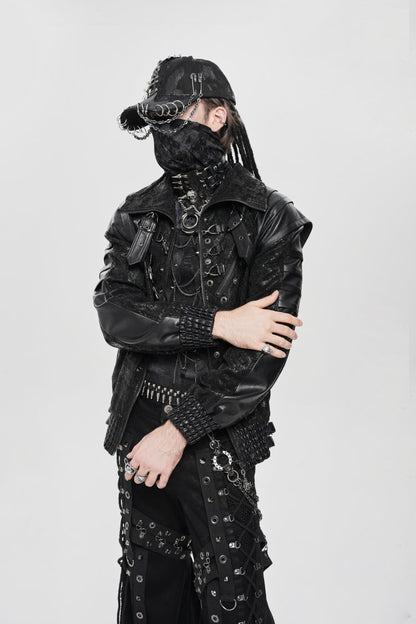 Black Faux Leather Stitching Buckle Zipper Straps Men's Punk Coat