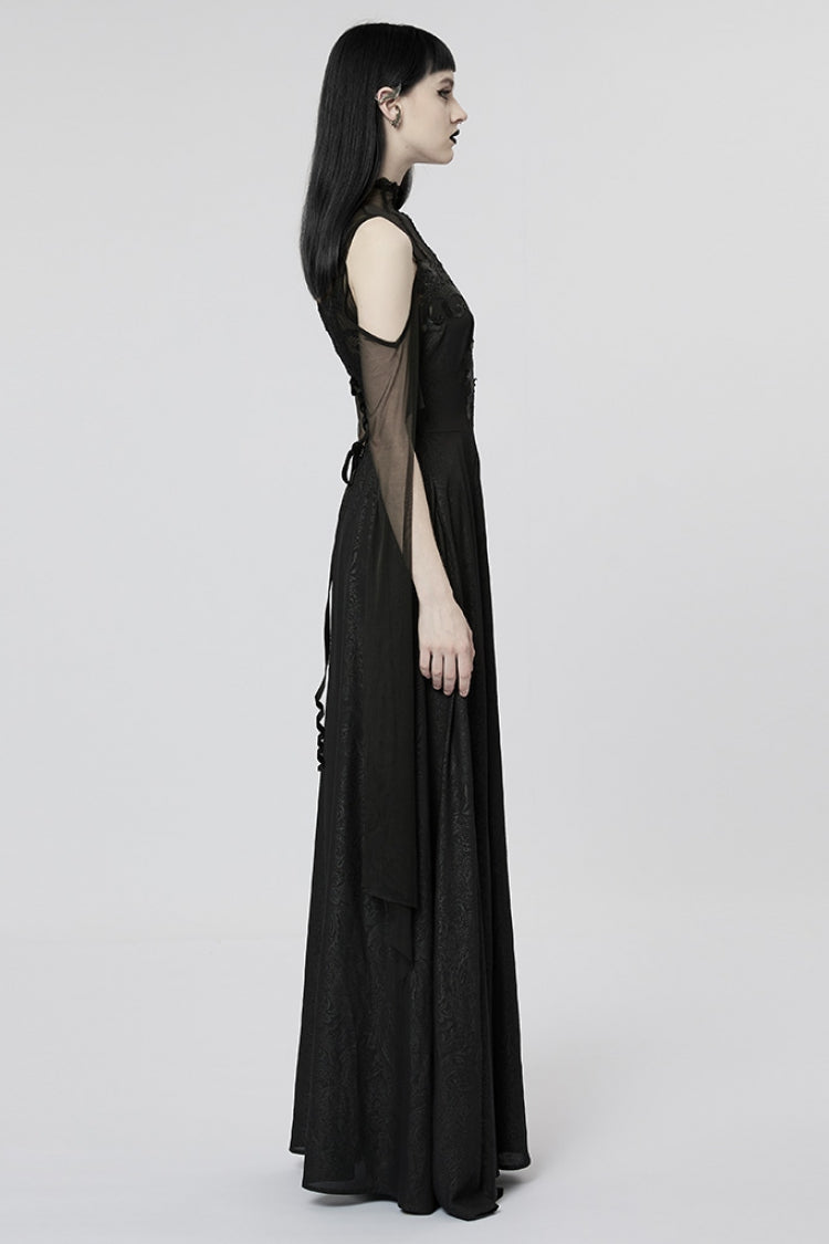 Black Off Shoulder Print Stitching Irregular Mesh Women's Gothic Dress