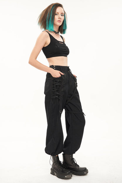 Black Irregular Print Single Side Frenulum Ring Legs Drawstring Closing Women's Punk Pants