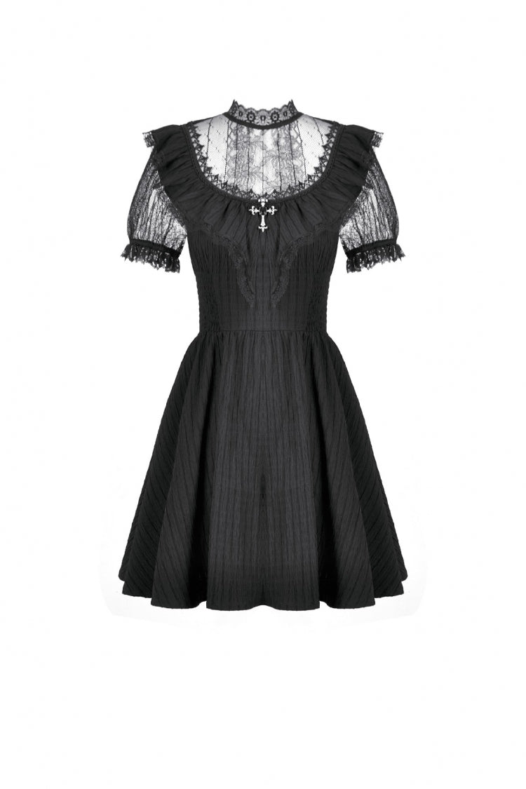 Black Lace Short Sleeves Cross Ruffled Women's Gothic Graduation Dress