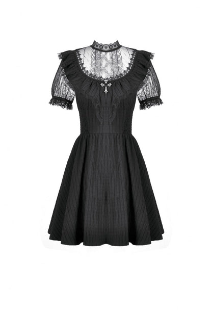Black Lace Short Sleeves Cross Ruffled Women's Gothic Graduation Dress