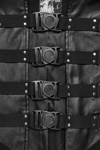 Black High Collar Faux Leather Stitching Mesh Rivet Buckle Women's Punk Cloak