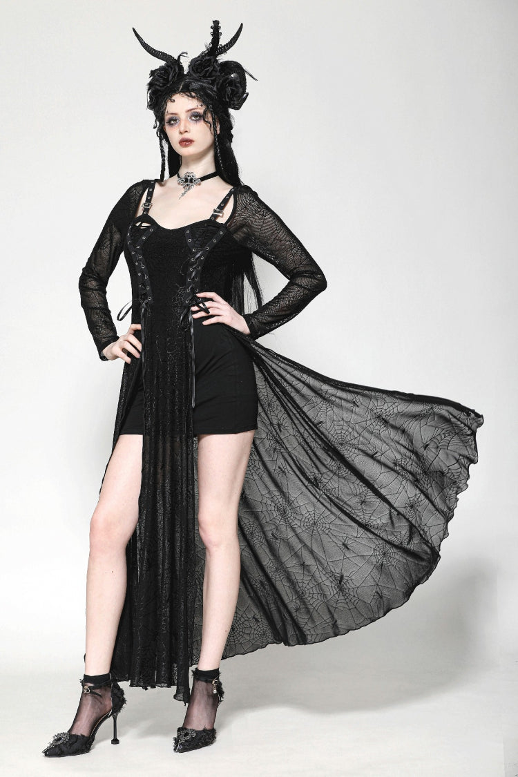 Black Long Sleeves Lace-Up Spiderweb Women's Gothic Elegant Witch Long Dress