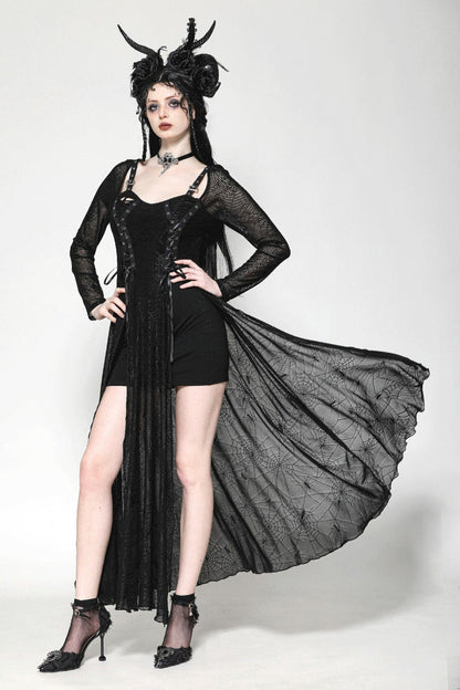 Black Long Sleeves Lace-Up Spiderweb Women's Gothic Elegant Witch Long Dress