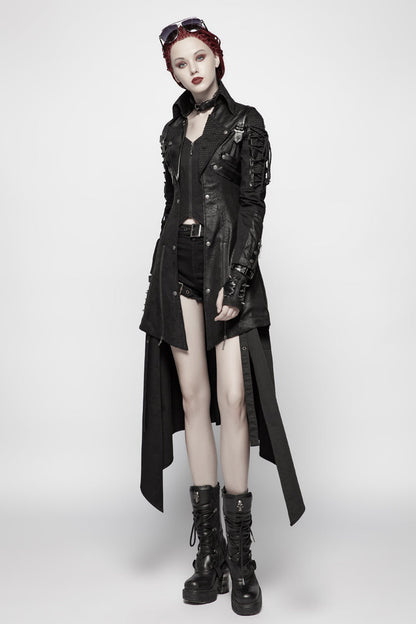 Black Metal Buckle Decoration Zipper Womens Steampunk Windbreaker Coat