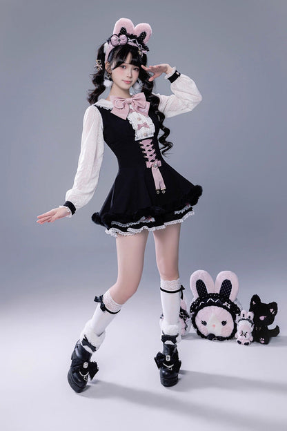 Black Long Sleeves Ruffle Bowknot Lace-Up Japanese Jirai Kei Dress Shorts Plush Set
