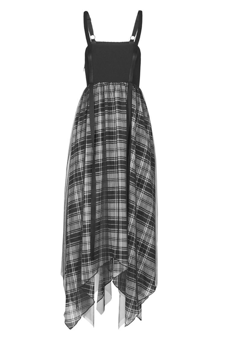Black Metal Eyelets Shoulder Strap Irregular Hem Plaid Long Chiffon Women's Punk Slip Dress