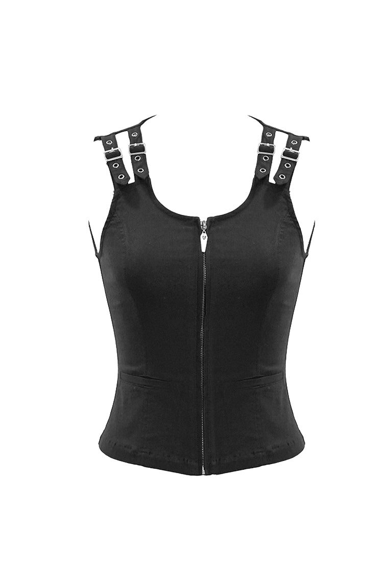 Black Lace Up Double Loops Front Shoulder Backless Women's Punk Waistcoat