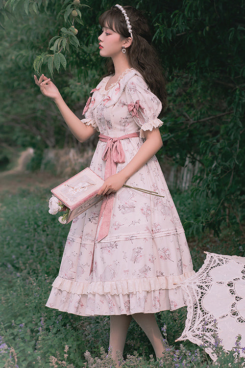 Beige Round Collar Short Sleeves Flower Print High Waist Sweet Lolita OP Dress