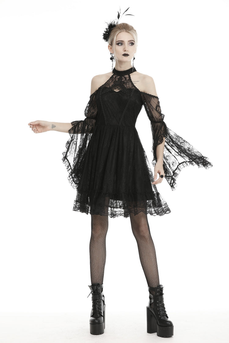 Black Off Shoulder Halterneck Long Sleeves Lace Women's Gothic Dress
