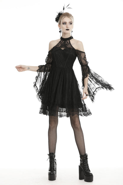 Black Off Shoulder Halterneck Long Sleeves Lace Women's Gothic Dress