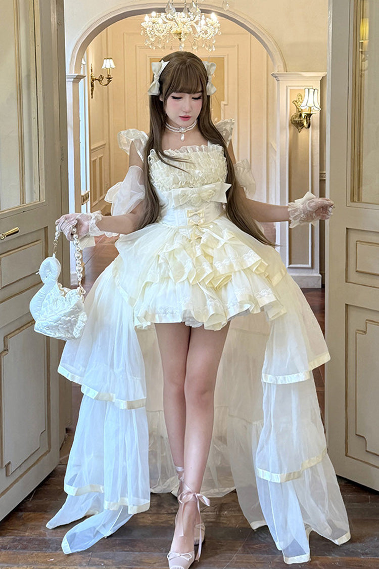 Beige [Mousse Love Song] Off Shoulder Sleeveless Triple-Layered Ruffled Hanayome Bow Sweet Elegant Ballet Lolita Short Dress Set