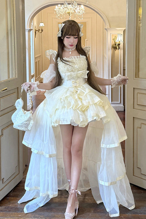 Beige [Mousse Love Song] Off Shoulder Sleeveless Triple-Layered Ruffled Hanayome Bow Sweet Elegant Ballet Lolita Short Dress Set