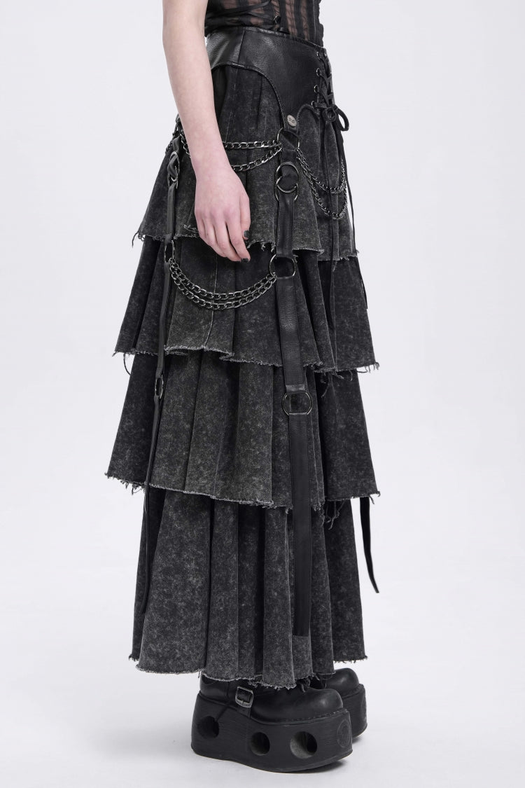 Black Multi-Layered Lace-Up Chain Women's Punk Skirt