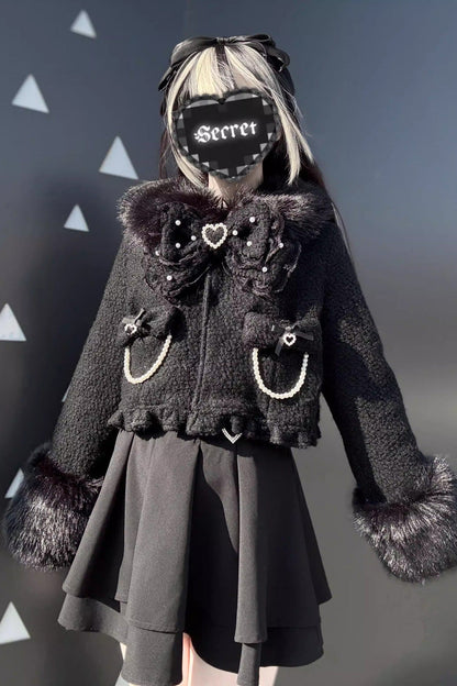 Black Long Sleeves Bow Sheep Wool Gothic Jirai Kei Japanese Short Coat