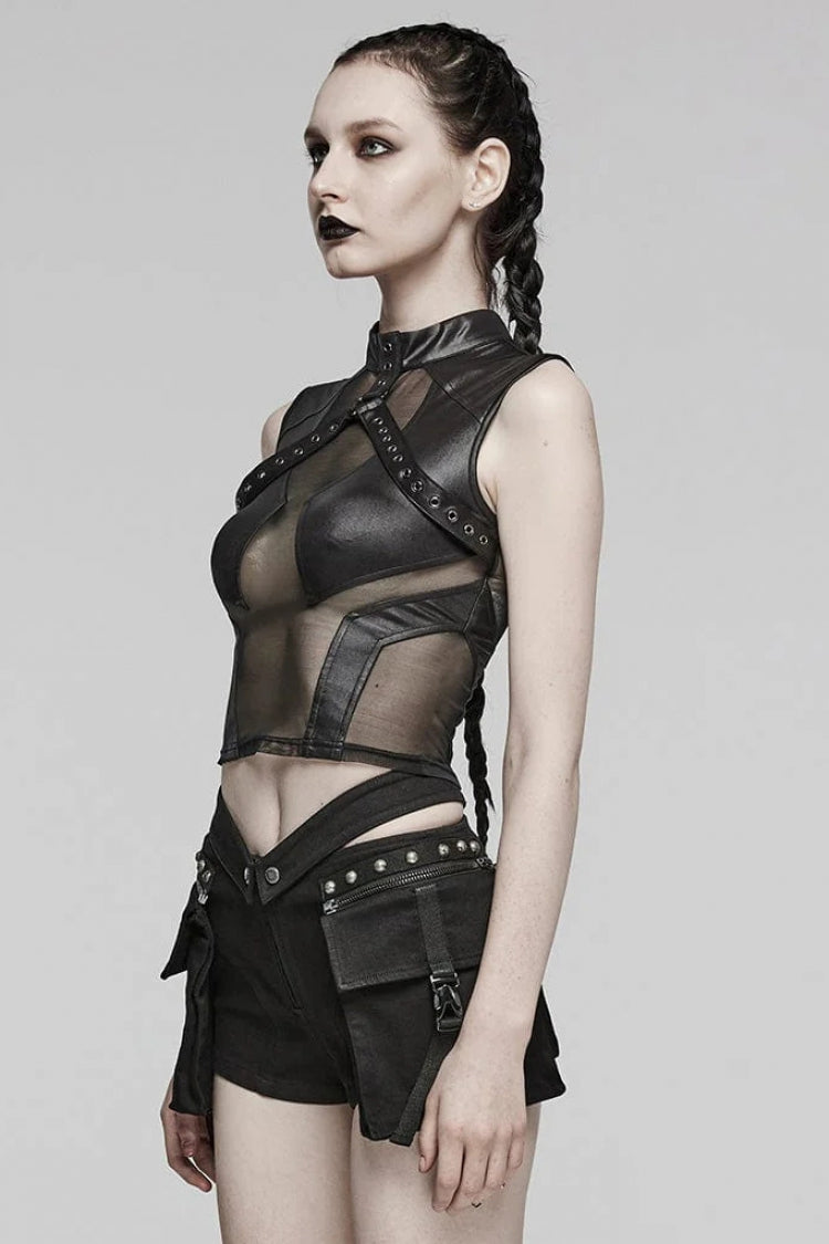 Black Leather Stitching Mesh Sheer Womens Steampunk Vest