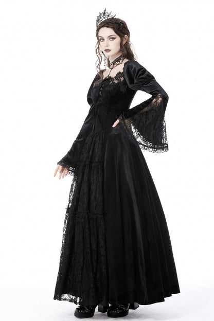 Black Long Puff Sleeves Spliced Lace Lace-Up Women's Gothic Vintage Velvet Wedding Dress