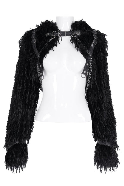 Black Long Sleeves Hooded Women's Gothic Chain Buckle-up Horn Cape