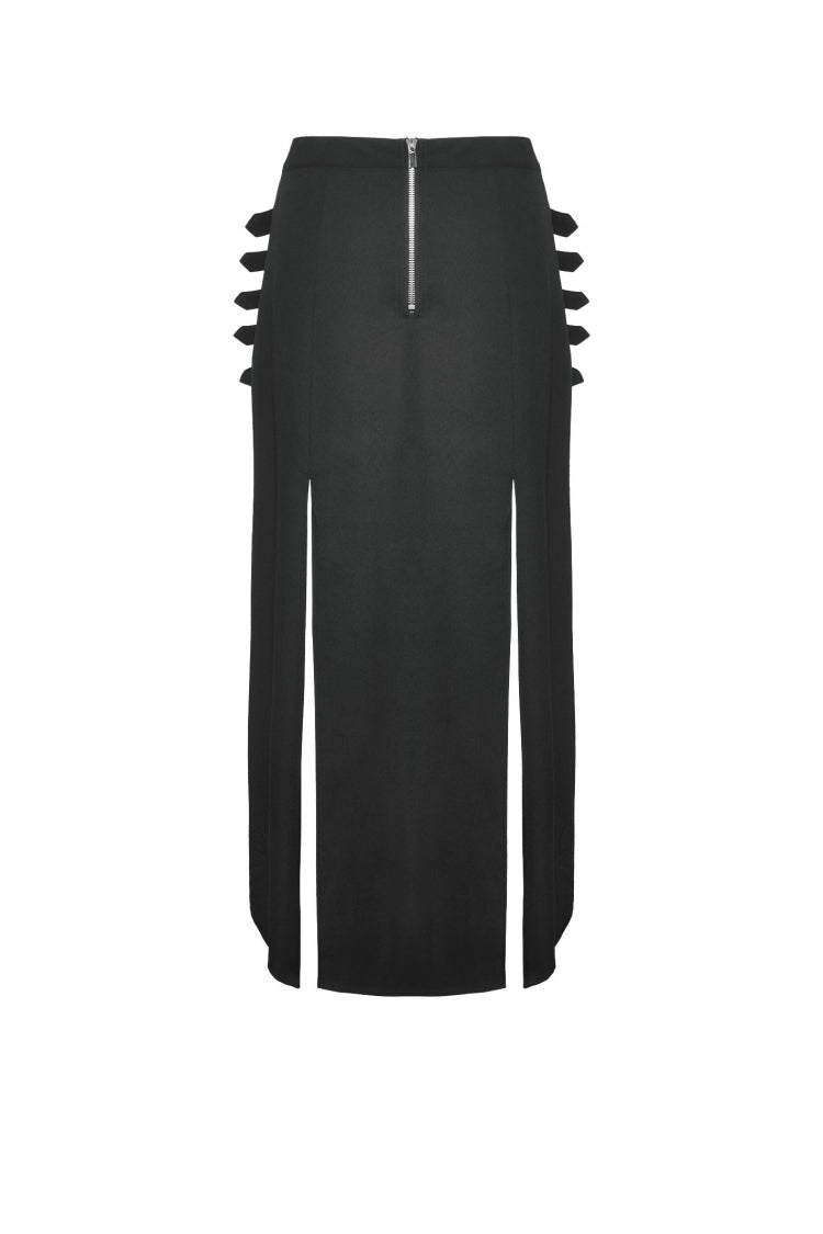 Black Buckled Zippered Women's Punk Side Slit Long Skirt
