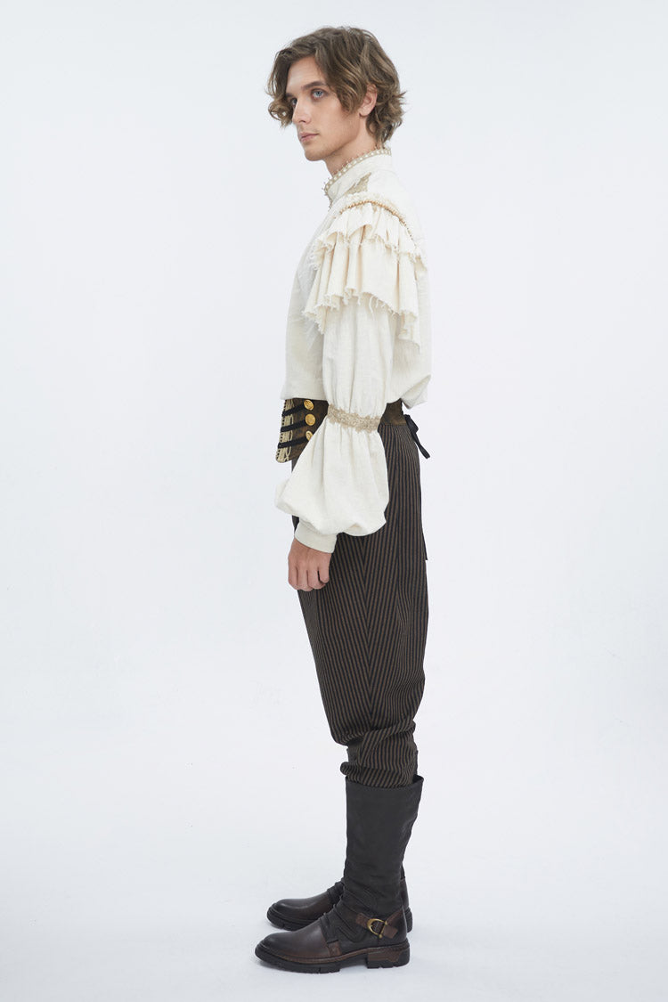 Beige Stand Collar Lantern Sleeves Multi-layer Ruffle Men's Gothic Blouse