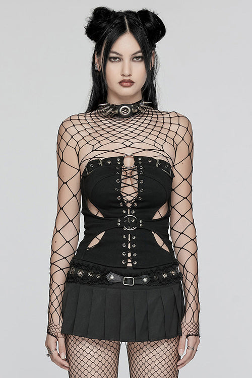 Black Hollow Lace-Up Ripped Buckle Women's Punk Tube Top