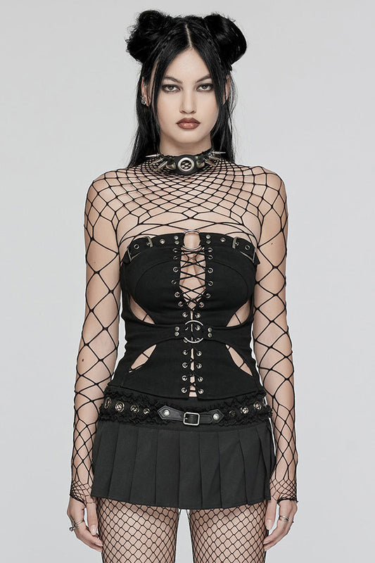 Black Hollow Lace-Up Ripped Buckle Women's Punk Tube Top