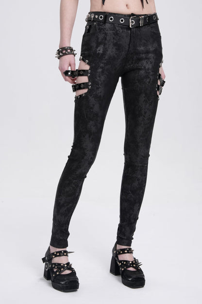 Black Print Cutout Buckle Women's Gothic Pants