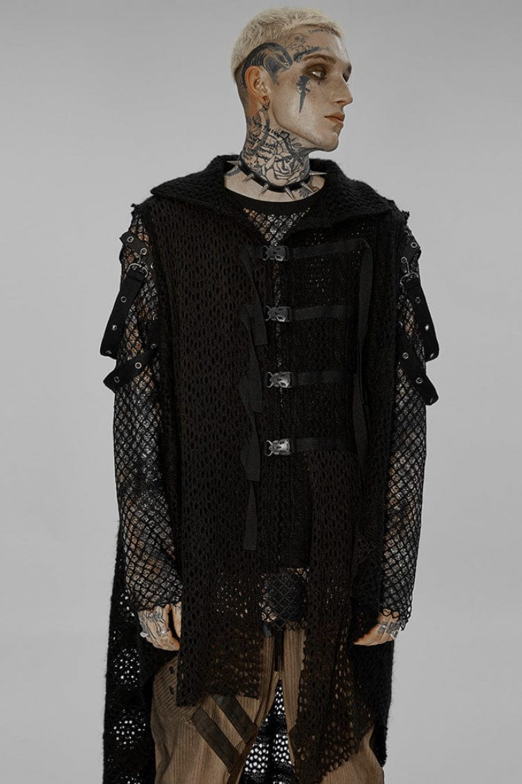 Black Irregular Hem Webbing Buckle Mens Gothic Vest