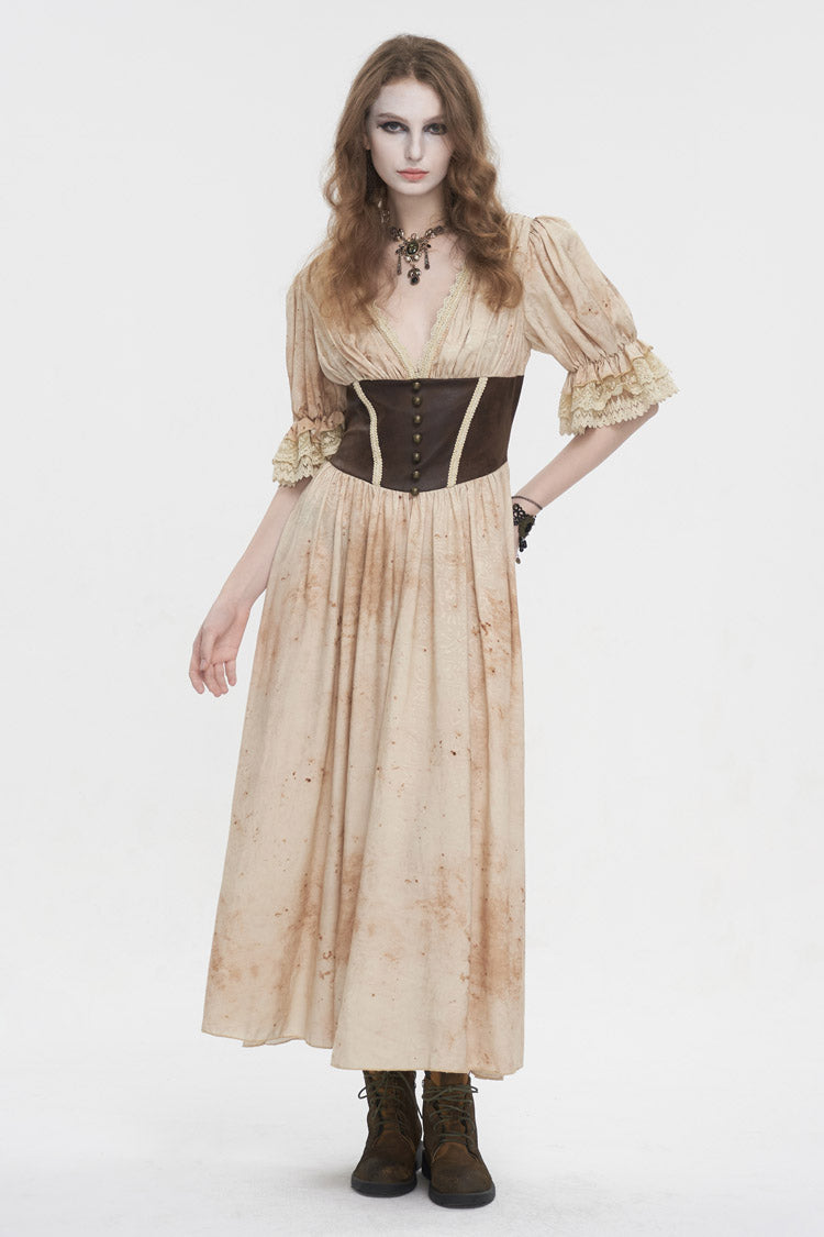 Apricot Plunging Puff Sleeved High Waisted Lace Hem Long Women's Punk Dress