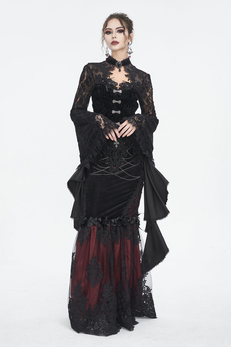 Black Long Trumpet Sleeves Stitching Lace Women's Gothic Blouse