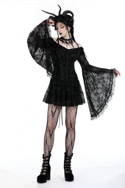 Black Off Shoulder Long Trumpet Sleeves Velvet Spliced Mesh Women's Gothic Graduation Dress