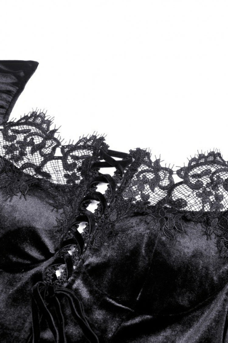 Black Long Puff Sleeves Spliced Lace Lace-Up Women's Gothic Vintage Velvet Wedding Dress